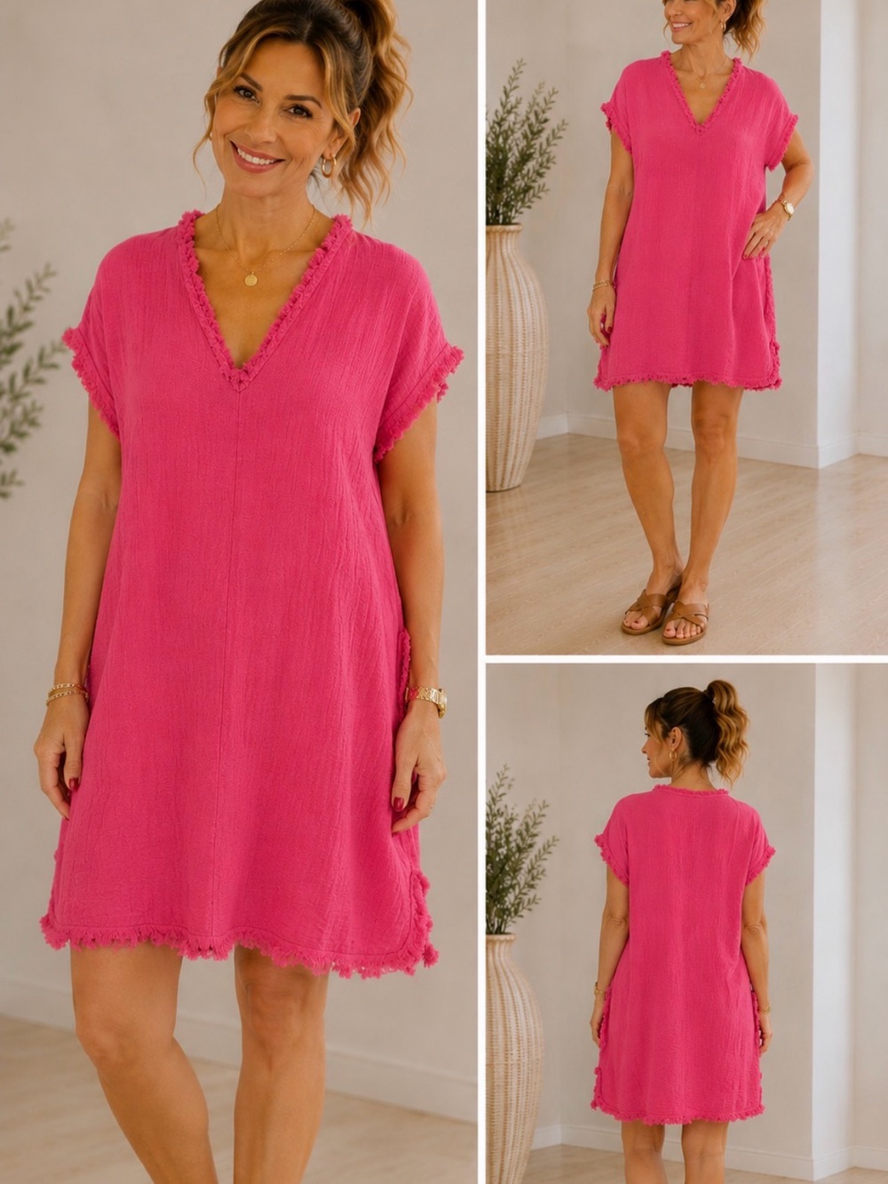 One Size Luxe Bright Pink Textured Fringe Dress